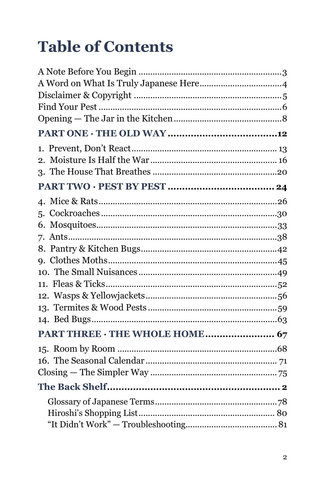 Table of contents from the Washitsu guide